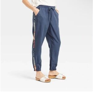 Knox Rose Navy blue Joggers Patterned Side Stripe floral oversize extra small XS